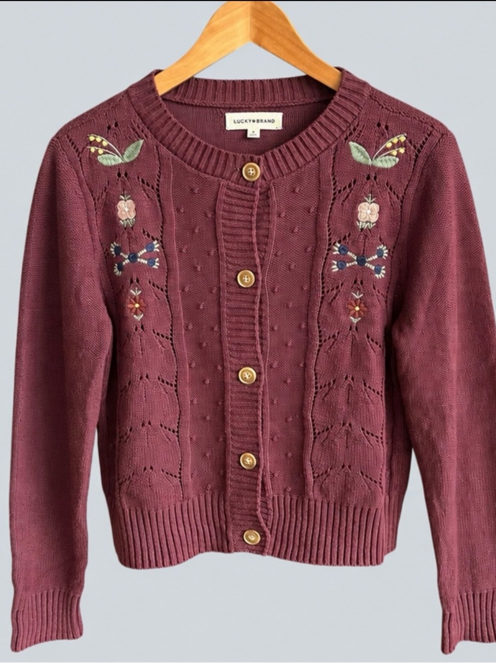 Lucky Brand Womens S Embroidered Floral Cardigan Burgundy Pointelle Cottagecore